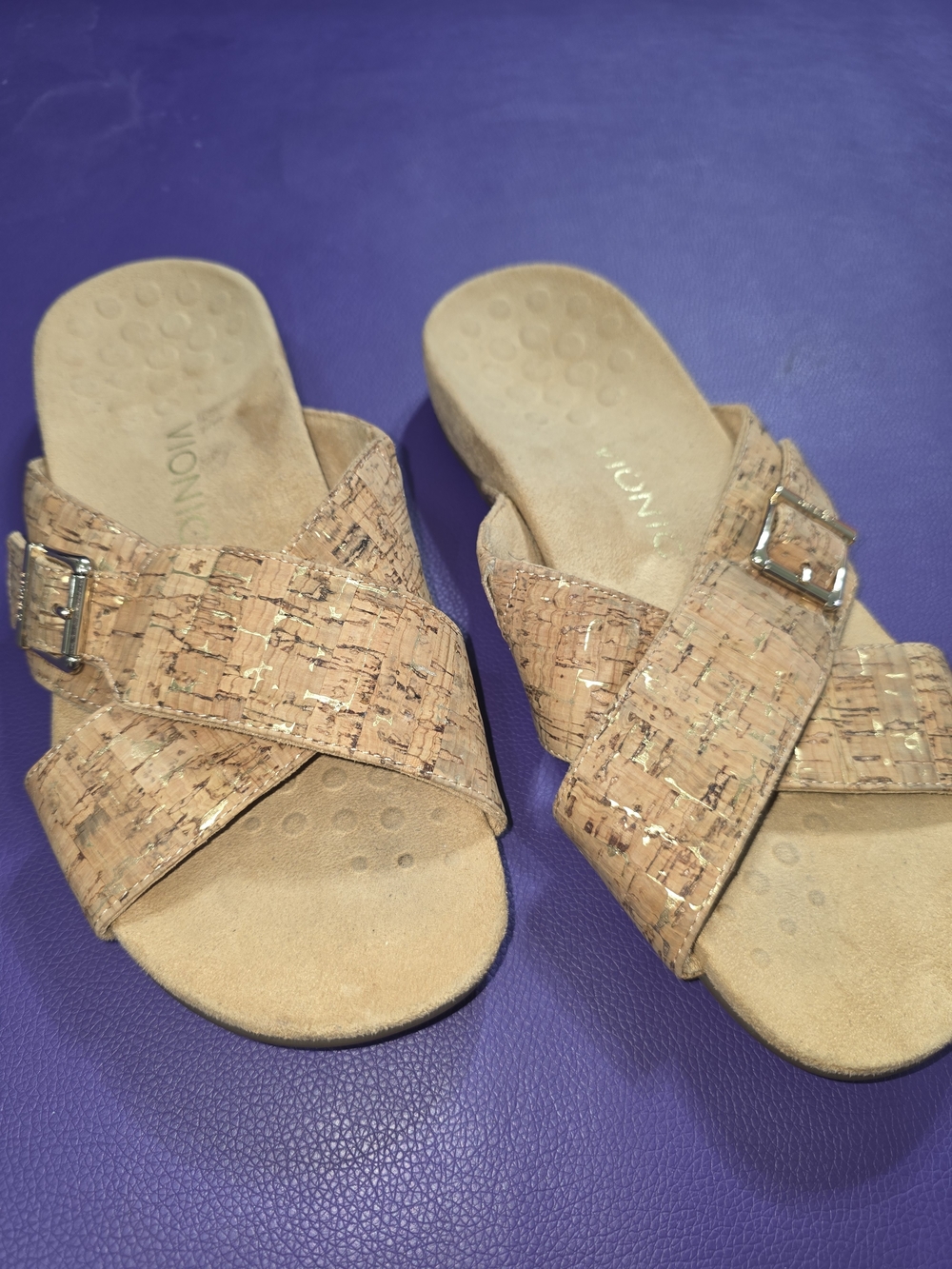 Vionic Cork-Texture Crisscross Slide Sandals in Light Brown